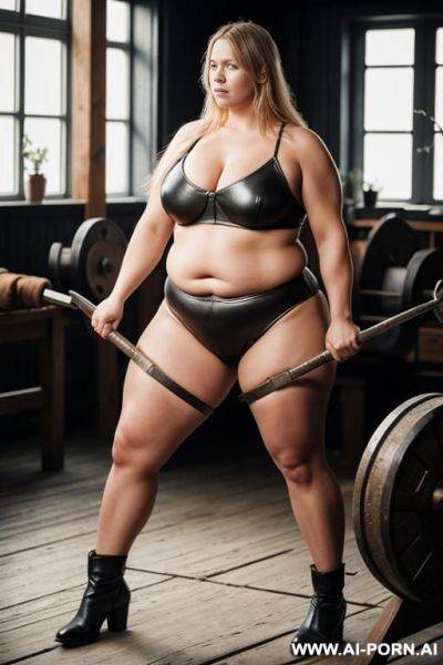 Scandinavian female blacksmith, obese thighs, attractive, strong - ai-porn.ai on pornintellect.com