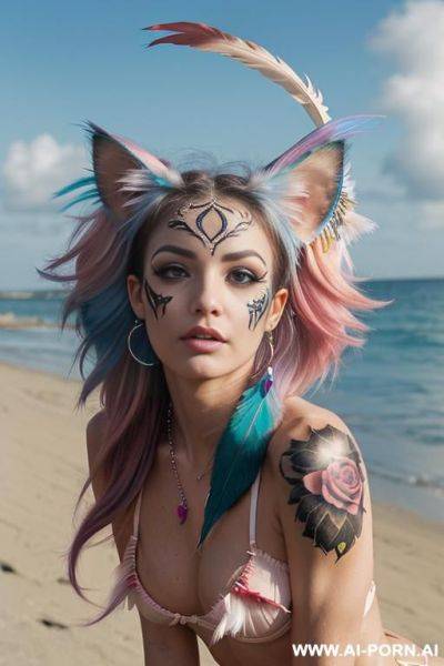 Face, sexy, beautiful, ((face painting)), ((bikini as seashell)), ((tattoo roses)), ((eyes shw)), ((angel wings)), ((rainbow hair)), ((long bu hair)), ((wind)), (( cat face)), (( cat ears)), (((feather - ai-porn.ai on pornintellect.com