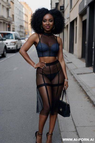 A fit black woman in a transparent top, no bra. her hair is styled in glamorous, loose curls, and she’s standing on a busy street , exuding mystery and allure with a hint of playfulness. - ai-porn.ai on pornintellect.com