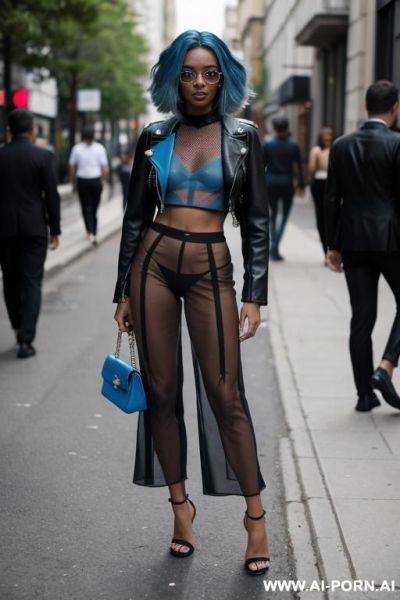 A fit black woman in a transparent too and shows of her nipples, paired with high-waisted trousers that hug her curves and strappy heels that wrap elegantly around her ankles. her hair is - ai-porn.ai on pornintellect.com