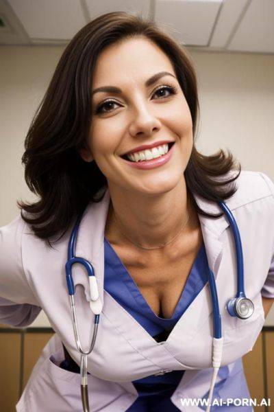 (suburban mom) (nurse) (close up) (bending down) (smiling) (scrubs) (exam room) - ai-porn.ai on pornintellect.com