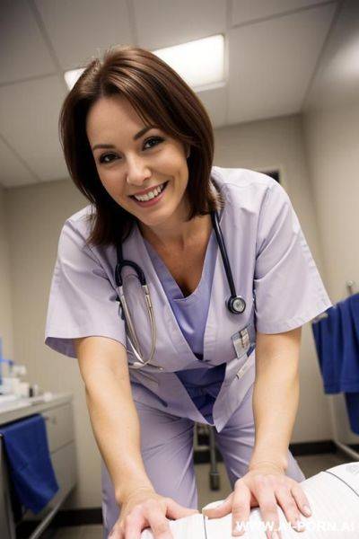 (nurse) (scrubs) (exam room) (close up) (bending down) (smiling) - ai-porn.ai on pornintellect.com