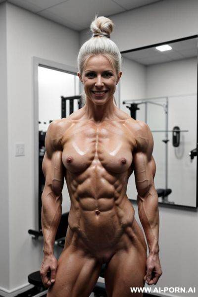 Ultimate muscle, ((very white skin)), ((nude)), ((naked)), ((topless)), freaky muscle definition, (ultimate pecs), nude pecs, ultimate delts, (ultimate traps), lats, extremely wide muscular back, bare - ai-porn.ai on pornintellect.com