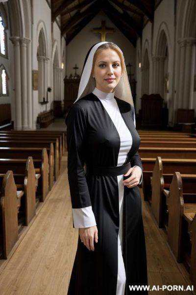 A beautiful nun . in the church . dressed in their usual clothes , but she looks very sexy and has the emotion that she is about to seduce the whole world . k quality . vivid picture . photo of a nun up to half body . huge breasts . - ai-porn.ai on pornintellect.com
