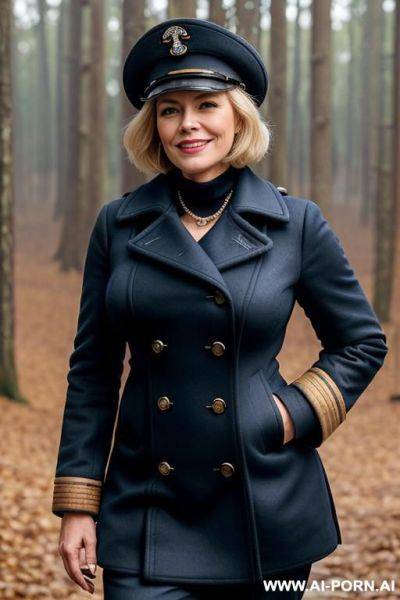 ) ((beautiful face)), ((high cheekbones)), ((short curvy hair)), (((wearing a realistic naval captain hat))), short hair. (((wearing a realistic peacoat))) ((buttoned up coat)) ((closed front coat)) - ai-porn.ai on pornintellect.com