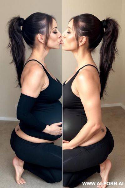 Wife, 1, hair in a high ponytail, squatting, kissing pregnant belly - ai-porn.ai on pornintellect.com