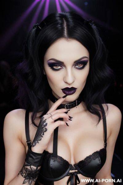 European woman, adult, black hair, emo make-up and accessories, heels, rocker woman background, naughty face, full-body view - ai-porn.ai on pornintellect.com