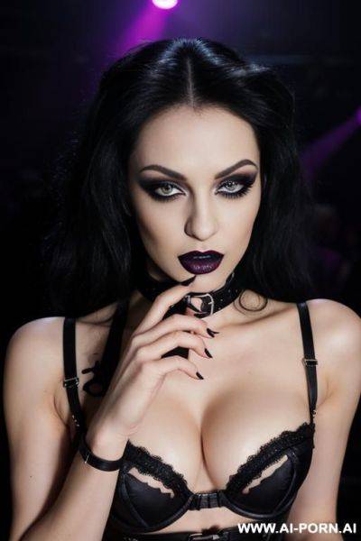 European woman, adult, black hair, emo make-up and accessories, heels, rocker woman background, naughty face - ai-porn.ai on pornintellect.com