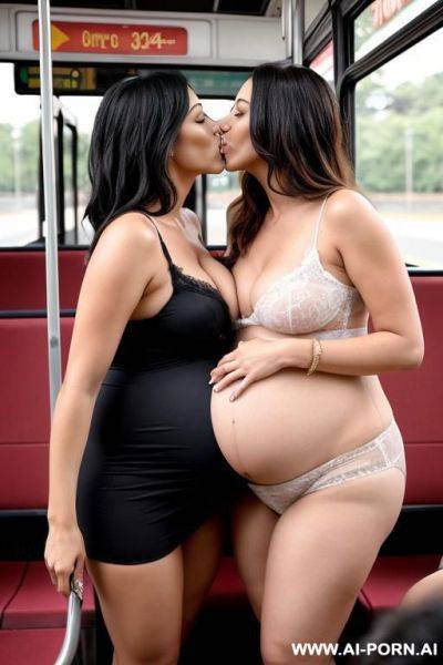 Two pregnant women kissing passionately on a bus - ai-porn.ai on pornintellect.com