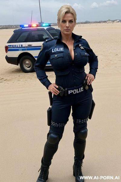 Beautiful milf, cougar, professional police uniform, strong body, wide hips, strong makeup, full body shot, tanned, walking - ai-porn.ai on pornintellect.com