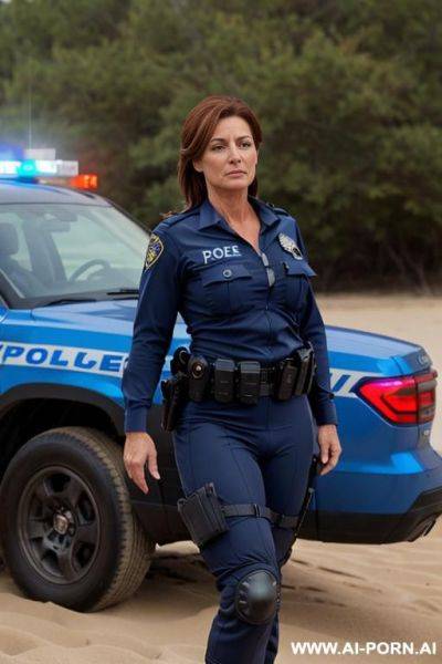 Beautiful milf, cougar, professional police uniform, strong body, wide hips, strong makeup, full body shot, tanned, ((totally naked)), ((completely naked)), - ai-porn.ai on pornintellect.com