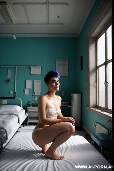Reference photo, full frontal, full nude , natural hairy pubic, narrow hips, round tits, (firm body), gorgeous face, (short pixie haircut with shaved sides) - ai-porn.ai on pornintellect.com