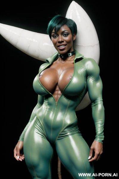 A naked dark-skinned muscular woman with short white hair, sprayed with white liquid in a collar, lies in tears with a lost look in full growth, toples, black lipstick, bow tie, ufo - ai-porn.ai on pornintellect.com