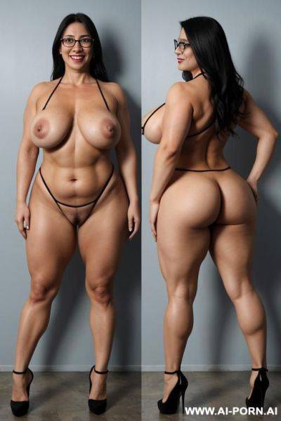 Italian bodybuilder, wide hips, fat ass, laughing, argentina flags painted on each boob, glasses, high heels, too sexual - ai-porn.ai - Italy - Argentina on pornintellect.com