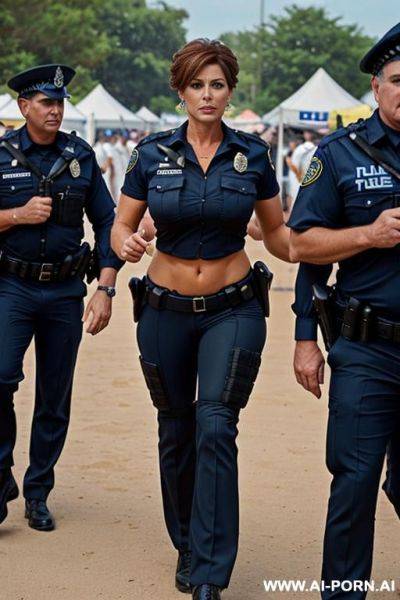 Beautiful milf, cougar, professional police uniform, strong body, wide hips, strong makeup, full body shot, tanned, walking - ai-porn.ai on pornintellect.com