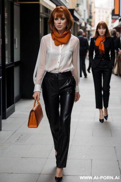 Very hairy, , tall, sexy, upset expression, in tight black woolen trousers, in a white transparent blouse unbuttoned to the waist on a naked body, orange scarf, black pat leather high-heeled - ai-porn.ai on pornintellect.com