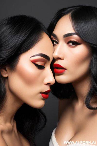 Thick hair, beautiful femi oval face, black eyebrows, straight nose, plump bright red lips folded into a kiss - ai-porn.ai on pornintellect.com