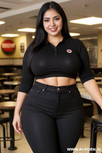 Mexican, morena, tradicional, pretty, wide hips, fully clothed, black polo shirt, high rise jeans, extra thicc, very plump - ai-porn.ai - Mexico on pornintellect.com