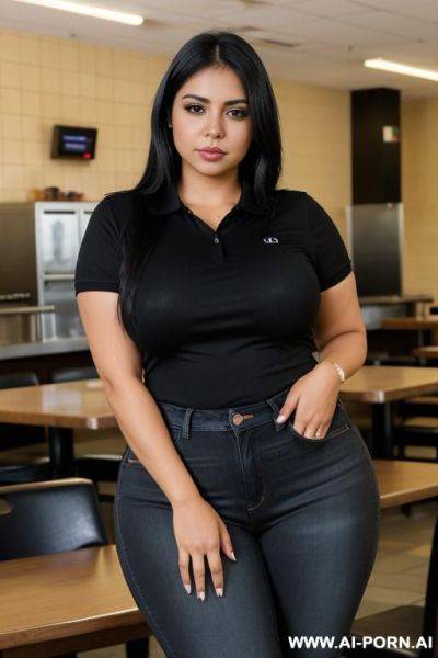Mexican, morena, tradicional, pretty, wide hips, fully clothed, black polo shirt, high rise jeans, extra thicc - ai-porn.ai - Mexico on pornintellect.com
