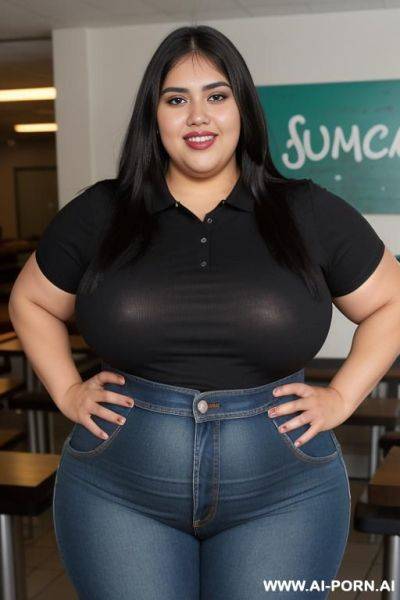 Mexican, morena, tradicional, pretty, big woman, wide hips, fully clothed, black polo shirt, high rise jeans, extra thicc, very plump, bbw - ai-porn.ai - Mexico on pornintellect.com