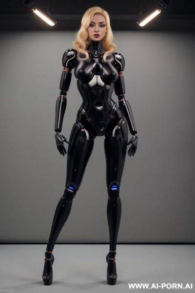 Blonde robot, side view, full body view, running, looking at viewer, silicone skin, fully black robotic body, huge robotic tits, shapely robotic arms, shapely robotic legs, big robotic ass, - ai-porn.ai on pornintellect.com