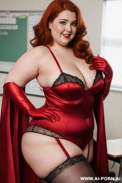 Close up half body photo shot, about at classroom, chubby ((very obese and handlovess)) redhead fat bbw teacher, wearing a hot heroine (red and yellow suit), with a flowing cape and gloves, and stocking. - ai-porn.ai on pornintellect.com