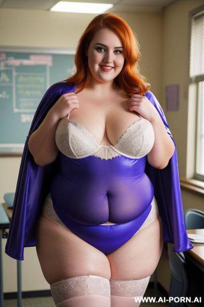 Close up half body photo shot, about at classroom, the most pretty face chubby ((very obese and handlovess)) redhead fat bbw teacher, wearing a hot heroine (luminous colors suit), with a flowing cape and gloves, and stocking. - ai-porn.ai on pornintellect.com