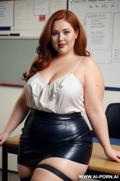 Close up full body photo shot, about at classroom, chubby very (((chubby))) redhead fat bbw curvy teacher, wearing a sexy and hot micro ruffle leather skirt, and elegant top, teaching to the classroom. ((dynamic angle)), perfect face - ai-porn.ai on pornintellect.com