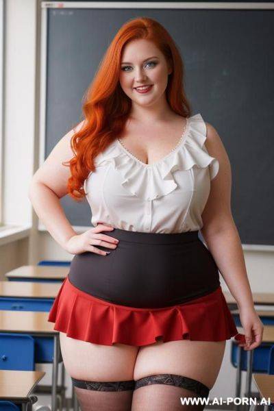 Close up full body photo shot, about at classroom, chubby very obese redhead fat bbw curvy teacher, wearing a sexy and hot micro red ruffle skirt, and elegant top, teaching to the classroom. - ai-porn.ai on pornintellect.com