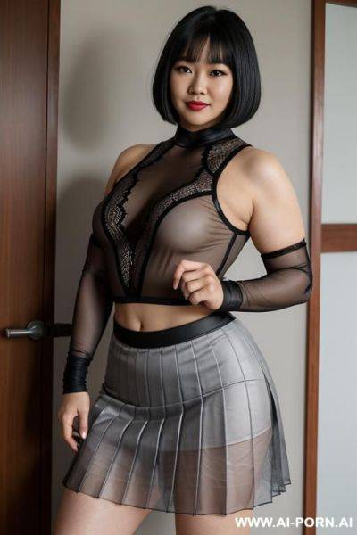 Portrait of an adult gray-haired teacher, gray completely transparent blouse, long pleated black skirt, - ai-porn.ai on pornintellect.com