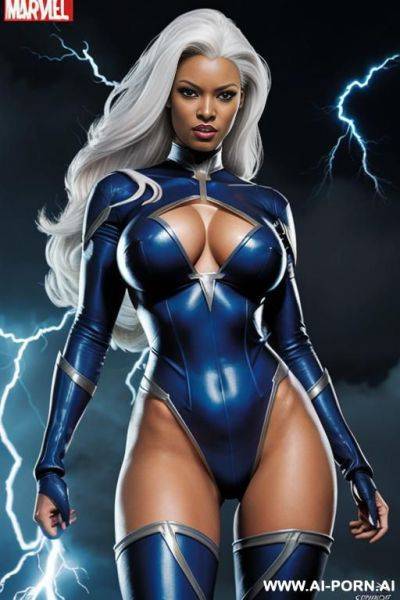 X-men, storm, wide hips. she is using her lightning super-power. comics style, cartoon. she is flying. (super-hero comics, cartoon), (totally naked) - ai-porn.ai on pornintellect.com