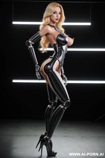 Blonde robot, side view, cose-up, running, looking at viewer, silicone skin, fully black robotic body, huge robotic tits, shapely robotic arms, shapely robotic legs, big robotic ass, ultra-high - ai-porn.ai on pornintellect.com