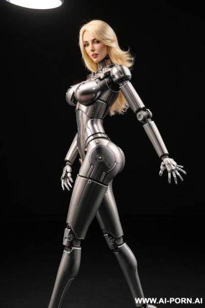 Blonde robot, side view, full body view, running, looking at viewer, silicone skin, fully black robotic body, huge robotic tits, shapely robotic arms, shapely robotic legs, big robotic ass, - ai-porn.ai on pornintellect.com