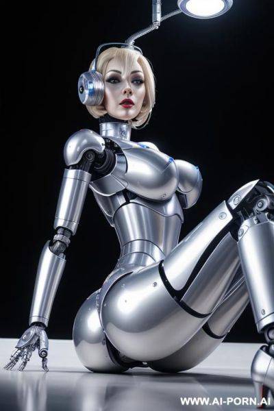 Blonde robot, front view, full body view, lying on back on the floor, looking at viewer, silicone skin, (fully silver robotic body, huge robotic tits, shapely robotic arms, shapely robotic legs, - ai-porn.ai on pornintellect.com