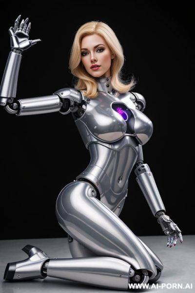 Blonde robot, front view, full body view, lying on back on the floor, looking at viewer, silicone skin, fully silver robotic body, huge robotic tits, shapely robotic arms, shapely robotic legs, - ai-porn.ai on pornintellect.com