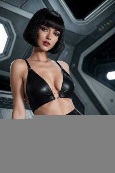 (woman spaceship engineer) (bob haircut) (loose fitting low cut black crop top) (nip slip) (spaceship factory) - ai-porn.ai on pornintellect.com