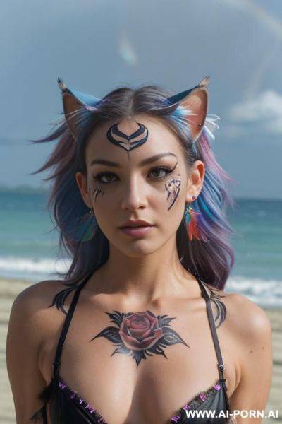 Face, sexy, beautiful, ((face painting)), ((bikini as seashell)), ((tattoo roses)), ((eyes shw)), ((angel wings)), ((rainbow hair)), ((sexy expression)), ((long bu hair)), ((wind)), (( cat face)), (( cat - ai-porn.ai on pornintellect.com