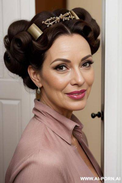 Very old natural mature, suburbun mother, pout mouth, full lips, beehive hairstyle, updo hair, ((hair curlers )), leaning in the doorframe, bedroom door, positive look, seductive smile - ai-porn.ai on pornintellect.com