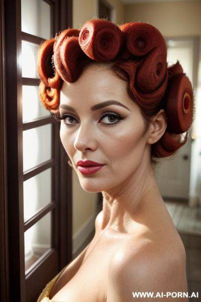 Very beautiful natural mature, elegant mother, perfect face, pout mouth, full lips, beehive hairstyle, updo hair, ((colored hair curlers )), leaning in the doorframe, bedroom door, seductive positive look - ai-porn.ai on pornintellect.com