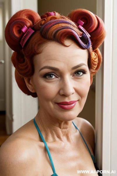 Very old natural mature, suburbun mother, pout mouth, full lips, beehive hairstyle, updo hair, ((colored hair curlers )), leaning in the doorframe, bedroom door, positive look, seductive smile - ai-porn.ai on pornintellect.com