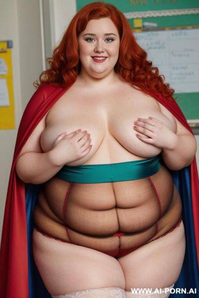 Close up half body photo shot, about at classroom, chubby ((very obese and handlovess)) redhead fat bbw teacher, wearing a hot heroine (red, blue and yellow suit), with a flowing cape and and stocking. - ai-porn.ai on pornintellect.com