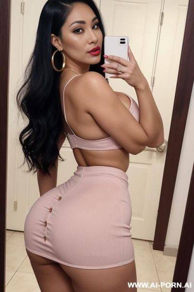 Butt selfie, dopey expression, round boobs, extremely pretty, full botox lips, button nose, eye contact, ahegao, hoop earrings, tight waist - ai-porn.ai on pornintellect.com