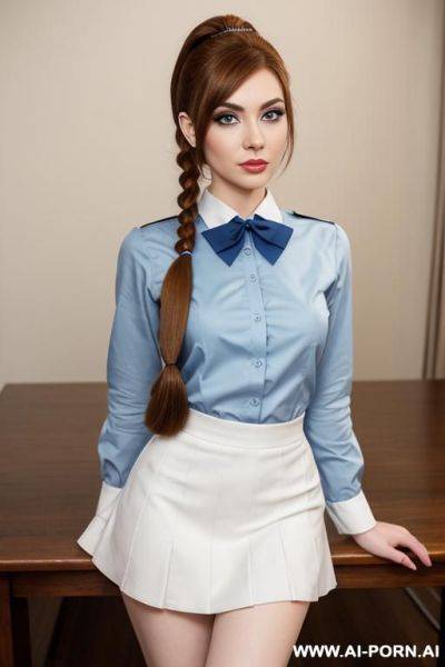 Cute facial features, 1, womanager, , beautiful face, thick eyebrows, full lips, big eyelashes, big blue eyes, beautiful ears, high cheekbones, nose, hair color brown, standing, full length, opposite - ai-porn.ai - Britain on pornintellect.com