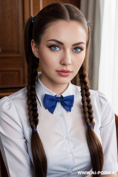 Sweet, 18 years old, womanager, neat and beautiful face, plump lips, big eyelashes, blue eyes, hair color brown, stands at full h, opposite the table, uniform - ai-porn.ai on pornintellect.com