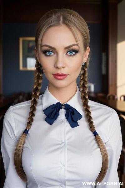 , 1, neat and beautiful face, plump lips, big eyelashes, blue eyes, dark blond, full h, stands in front of the table, uniform - ai-porn.ai on pornintellect.com