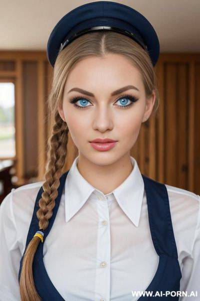 Sweet, 18 years old, neat and beautiful face, plump lips, big eyelashes, blue eyes, dark blond, full h, stands in front of the table, uniform - ai-porn.ai on pornintellect.com
