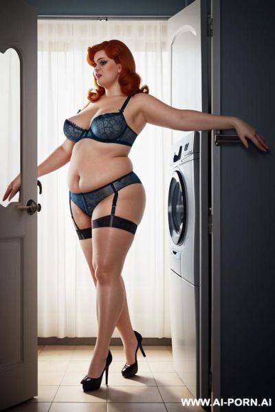 ((((half body photo shot close up)))). as a set in the laundry area, a (((very big obese))) fat chubby fat thick and bbw redhead british, ((she is washing clothes)). she has lovehandless. she - ai-porn.ai - Britain on pornintellect.com