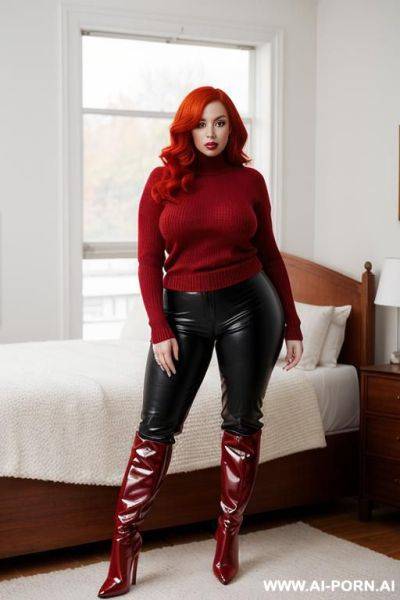 Female, mid-30s, fiery red hair, fair skin, and a voluptuous figure, without underwear, in skintight pants, tall thigh-high boots, no bra, and a half-transparent knitted pullover, posing standing in her bedroom - ai-porn.ai on pornintellect.com