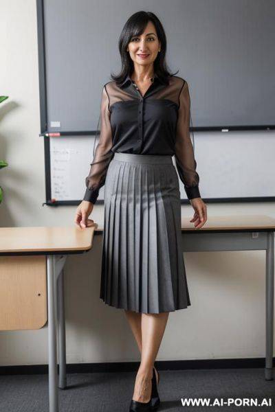 Portrait of an adult gray-haired teacher, gray completely transparent blouse, long pleated black skirt, - ai-porn.ai on pornintellect.com