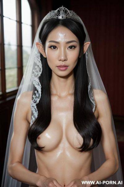 Tall elf woman, very fit and athletic, beautiful face, tiara, wedding veil, facial cumshot, totally naked, cum on hair, semen on face, asian eyes - ai-porn.ai on pornintellect.com